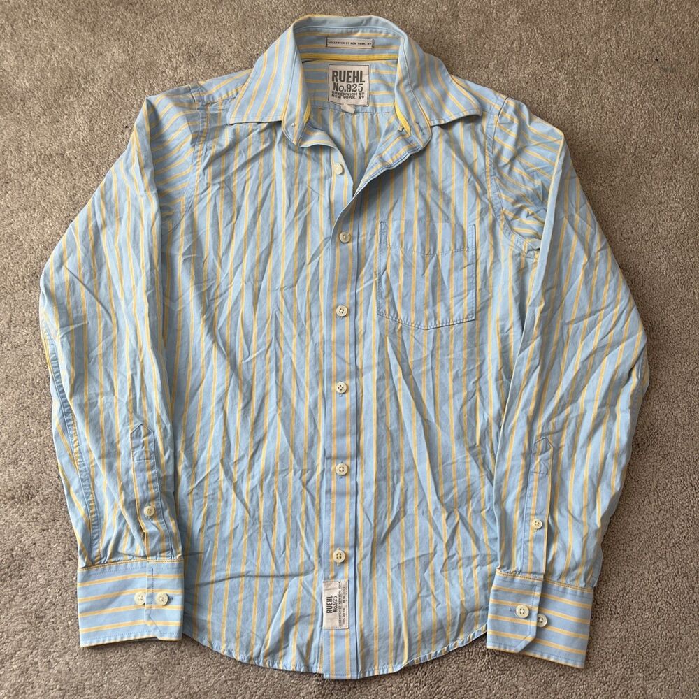 Ruehl No 925 Button Down Shirt Mens Small Blue Yellow Stripe Long Sleeve Pocket